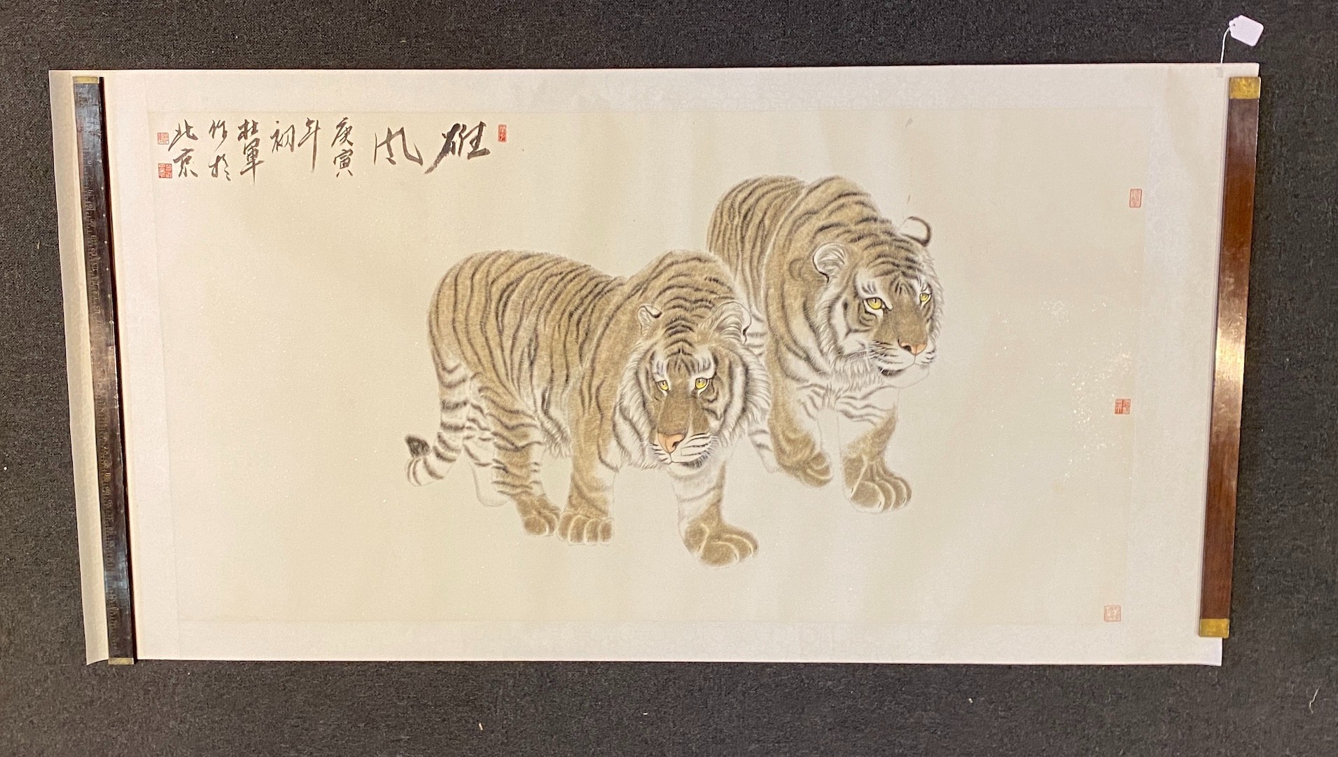 Chinese School, early 21st century, scroll painting on paper of two tigers, image 92 cm x 173 cm